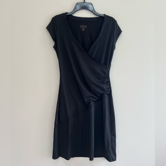 Athleta Nectar Faux Wrap Black Dress w/ Cap Sleeves, Ruching, Surplice Neck, S - Picture 3 of 8